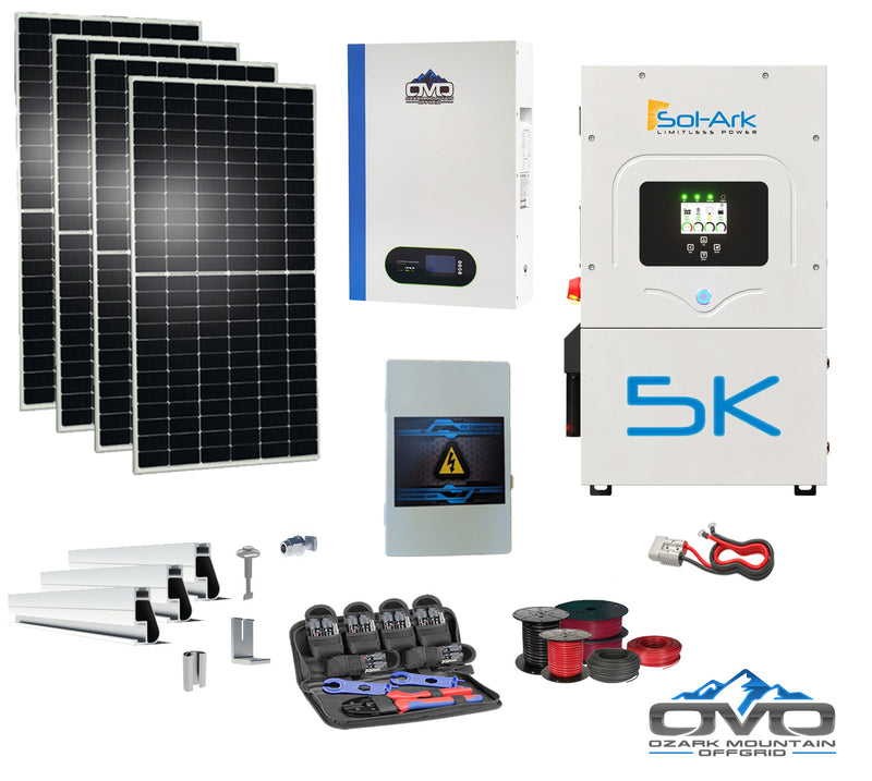 Load image into Gallery viewer, 2.2KW Complete Offgrid Solar Kit + 5K Sol-Ark Inverter + 5.12KW OMO 48V Patriot Lithium Battery + 2.2KW Solar with Roof Mounting Rails and Wiring