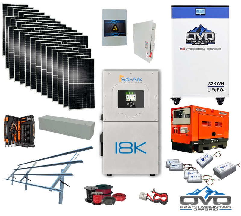 Load image into Gallery viewer, 20KW "THE ULTIMATE" Complete Offgrid Solar Kit - with OMO 32KWH Freedom Series Battery +18K Sol-Ark Inverter + Kubota Generator + EMP Shield + 19.8KW Solar Array Sinclair Ground Mount and Wiring AVAILABLE NOW!