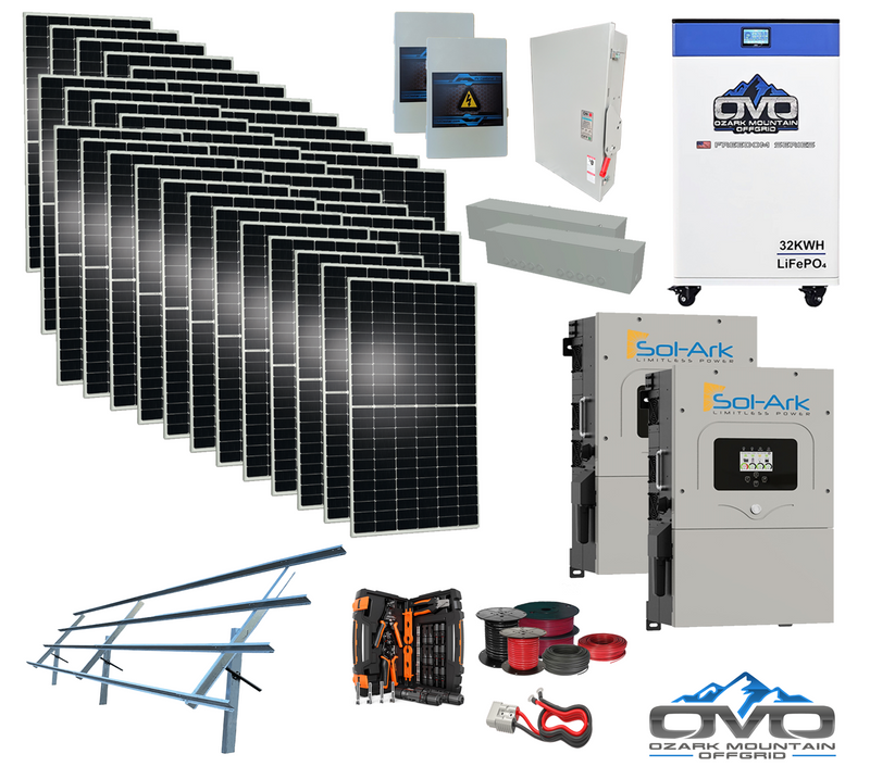 Load image into Gallery viewer, 20KW Complete Offgrid Solar Kit - 32kWh OMO 48V Freedom Series Lithium Battery + 2x 18K Sol-Ark Inverter +19.8KW Solar with Sinclair Ground Mount and Wiring
