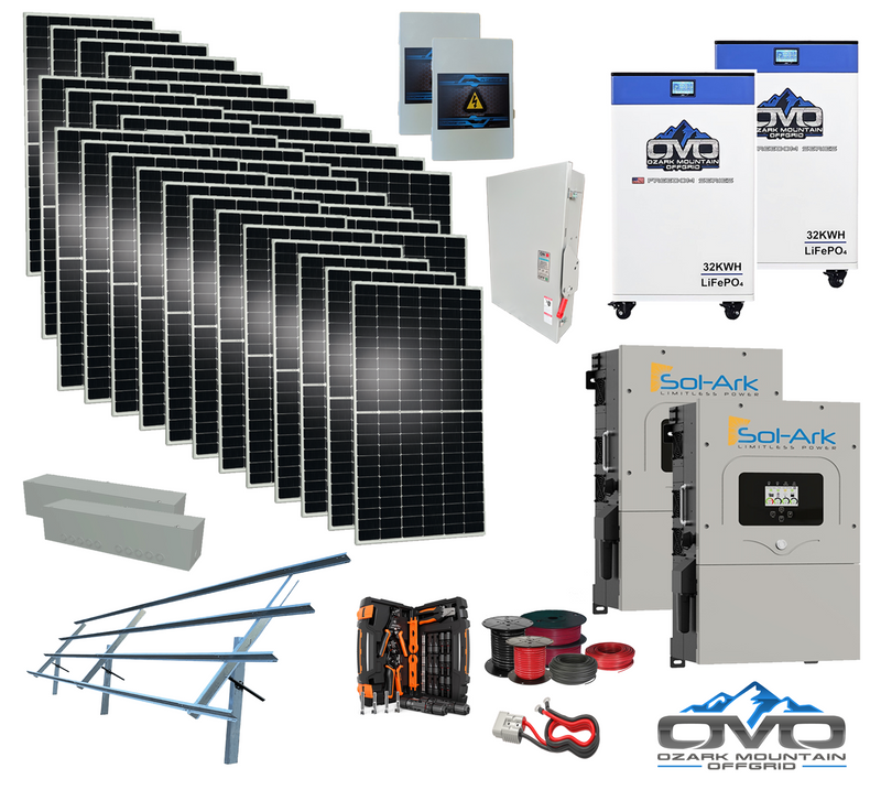 Load image into Gallery viewer, 20KW Complete Offgrid Solar Kit - 2x 32kWh OMO 48V Freedom Series Lithium Battery + 2x 18K Sol-Ark Inverter +19.8KW Solar with Sinclair Ground Mount and Wiring