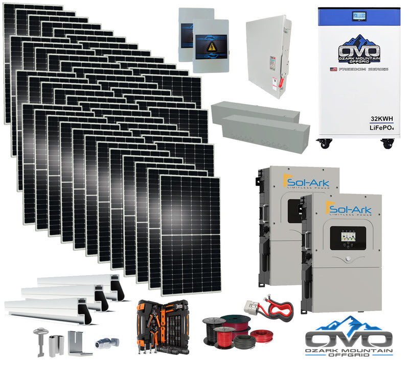 Load image into Gallery viewer, 25KW Complete Offgrid Solar Kit - 32kWh OMO 48V Freedom Series Lithium Battery + 2x 15K Sol-Ark Inverter +26.4KW Solar with Mounting Rails and Wiring