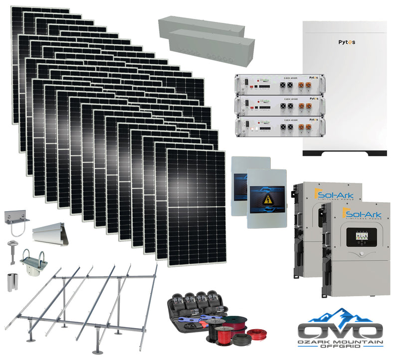 Load image into Gallery viewer, 25KW Complete Offgrid Solar Kit - 15.36kWh Pytes Lithium Battery + 2x15K Sol Ark Inverter +26.4KW Solar with Ground Mount and Wiring