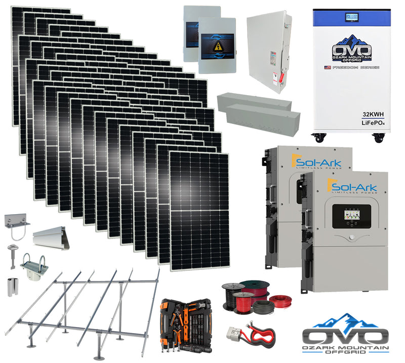 Load image into Gallery viewer, 25KW Complete Offgrid Solar Kit - 32kWh OMO 48V Freedom Series Lithium Battery + 2x 15K Sol-Ark Inverter +26.4KW Solar with Ground Mount and Wiring