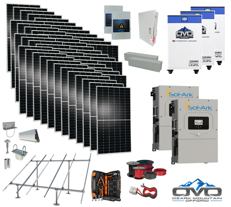 Load image into Gallery viewer, 25KW Complete Offgrid Solar Kit - 3x 32kWh OMO 48V Freedom Series Lithium Battery + 2x 15K Sol-Ark Inverter +26.4KW Solar with Ground Mount and Wiring