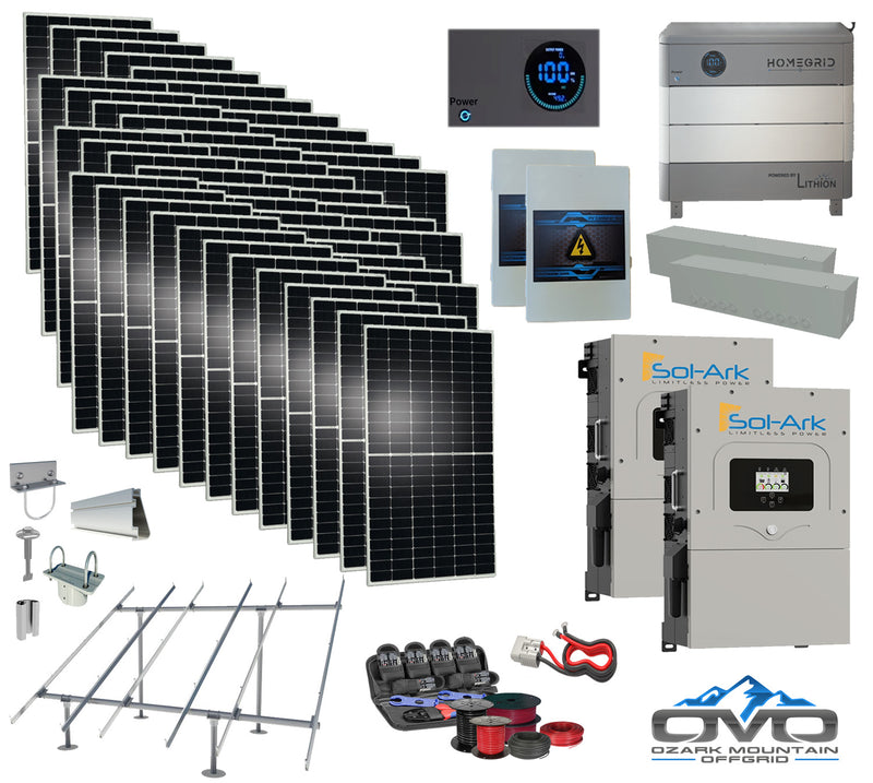 Load image into Gallery viewer, 25KW Complete Offgrid Solar Kit - 9.6kWh Lithium Battery + 2x15K Sol Ark Inverter +26.4KW Solar with Ground Mount and Wiring