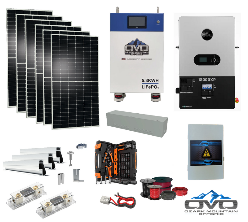 Load image into Gallery viewer, 3.3KW Complete Offgrid Solar Kit + 12K EG4 12000XP Inverter + 5.3KW OMO 48V Liberty Lithium Battery + 3.3KW Solar with Roof Mounting Rails and Wiring