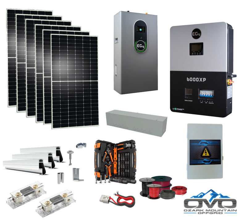 Load image into Gallery viewer, 3.3KW Complete Offgrid Solar Kit + 6K EG4 6000XP Inverter + 14.3KW 48V EG4 Lithium Indoor Wall Battery + 3.3KW Solar with Roof Mounting Rails and Wiring