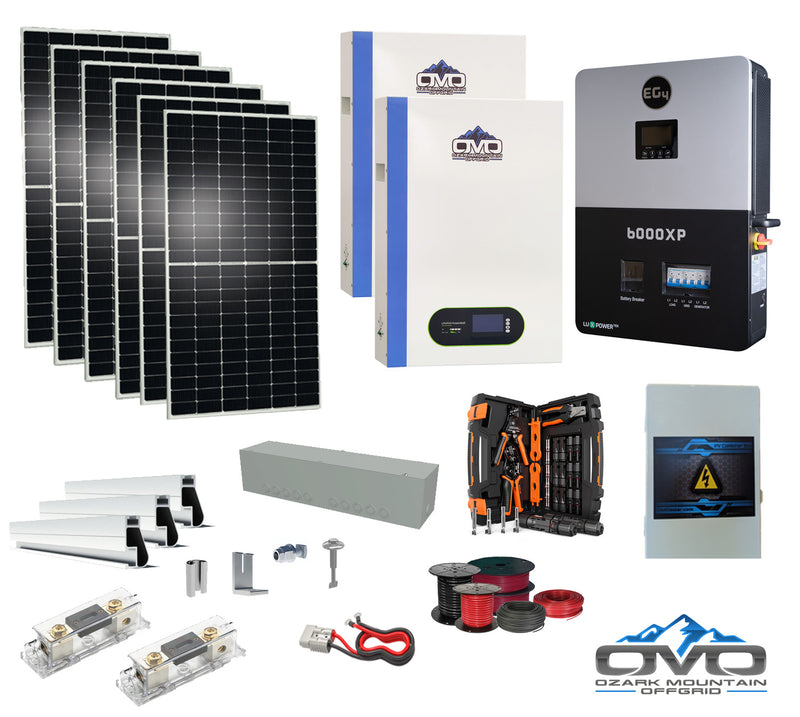 Load image into Gallery viewer, 3.3KW Complete Offgrid Solar Kit + 6K EG4 6000XP Inverter + 2x 5.12KW OMO 48V Patriot Lithium Battery + 3.3KW Solar with Roof Mounting Rails and Wiring