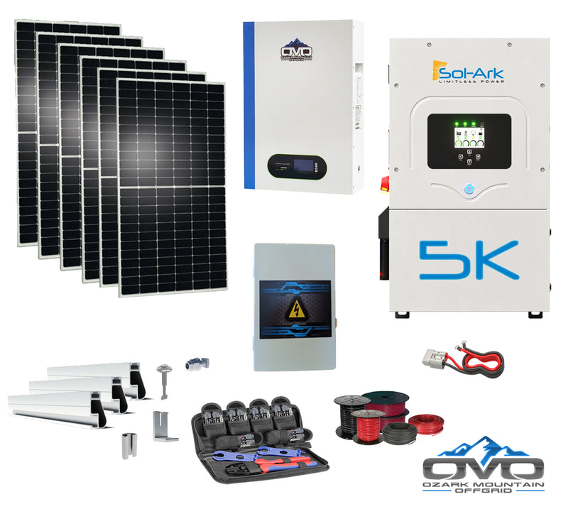 Load image into Gallery viewer, 3.3KW Complete Offgrid Solar Kit + 5K Sol-Ark Inverter + 5.12KW OMO 48V Patriot Lithium Battery + 3.3KW Solar with Roof Mounting Rails and Wiring