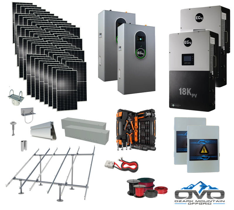 Load image into Gallery viewer, 30KW Complete Offgrid Solar Kit + EG4 18kPV + 2x 14.3KW 48V EG4 Lithium Indoor Wall Battery + 30.8KW Solar with Ground Mount and Wiring