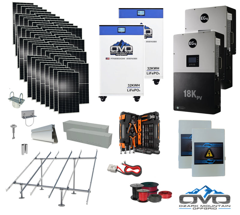 Load image into Gallery viewer, 30KW Complete Offgrid Solar Kit + EG4 18kPV + 2x 32KW OMO 48V Freedom Series Lithium Battery + 30.8KW Solar with Ground Mount and Wiring