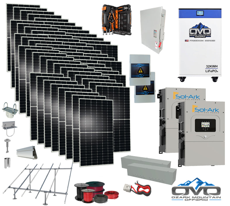 Load image into Gallery viewer, 30KW Complete Offgrid Solar Kit + 2x 15K Sol-Ark Inverter + 32kWh OMO 48V Freedom Series Lithium Battery +30.8KW Solar with Ground Mount and Wiring