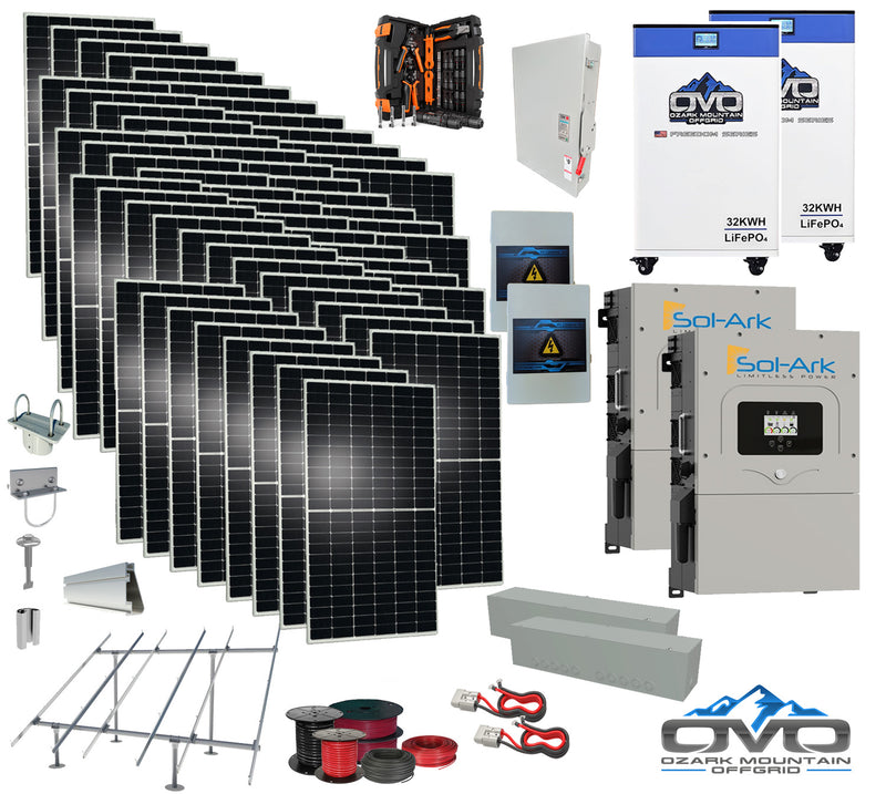 Load image into Gallery viewer, 30KW Complete Offgrid Solar Kit + 2x 15K Sol-Ark Inverter + 2x 32kWh OMO 48V Freedom Series Lithium Battery +30.8KW Solar with Ground Mount and Wiring