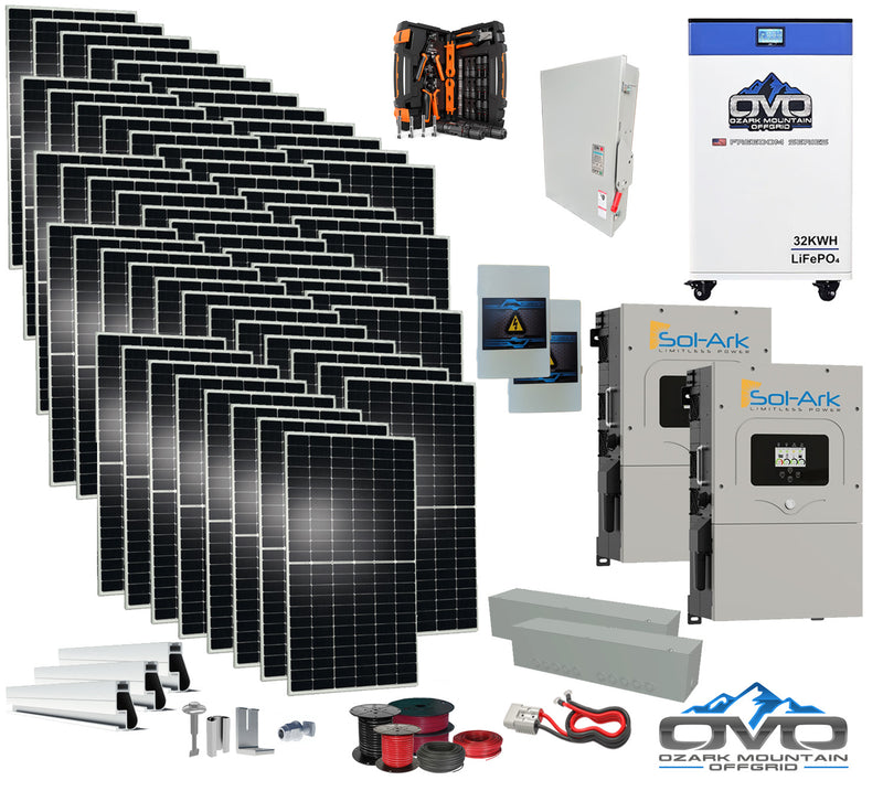 Load image into Gallery viewer, 30KW Complete Offgrid Solar Kit + 2x 15K Sol-Ark Inverter + 32kWh OMO 48V Freedom Series Lithium Battery +30.8KW Solar with Roof Mount and Wiring