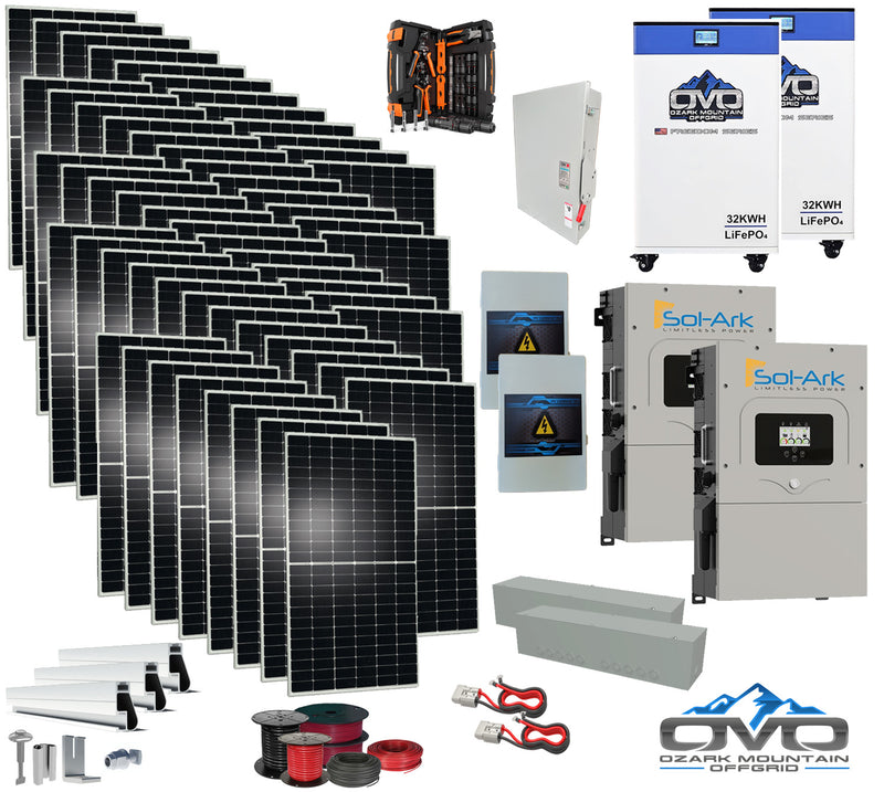 Load image into Gallery viewer, 30KW Complete Offgrid Solar Kit + 2x 15K Sol-Ark Inverter + 2x 32kWh OMO 48V Freedom Series Lithium Battery +30.8KW Solar with Roof Mount and Wiring