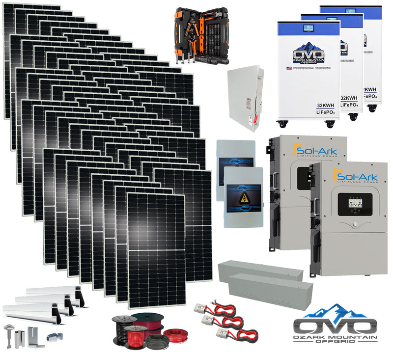 Load image into Gallery viewer, 30KW Complete Offgrid Solar Kit + 2x 15K Sol-Ark Inverter + 3x 32kWh OMO 48V Freedom Series Lithium Battery + 30.8KW Solar with Roof Mount Rails and Wiring