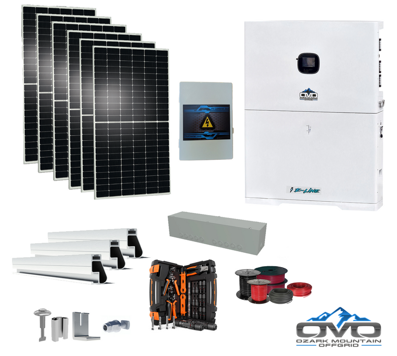 Load image into Gallery viewer, 3.3KW Complete Offgrid Solar Kit + 10K 120V/240V OMO E-Line Inverter + 10.24KW OMO E-Line Lithium Battery +3.3KW Solar with Roof Mount and Wiring