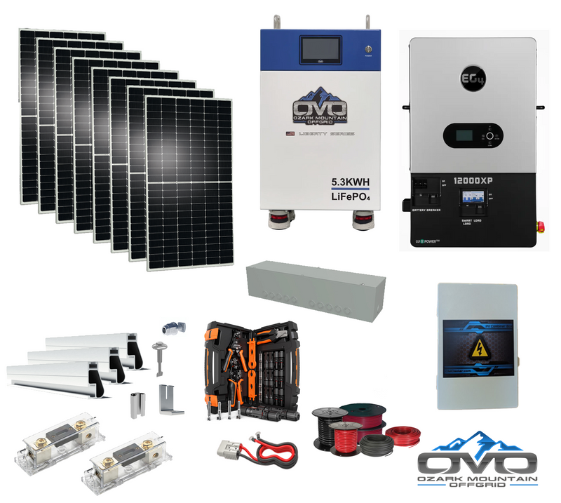 Load image into Gallery viewer, 4.4KW Complete Offgrid Solar Kit + 12K EG4 12000XP Inverter + 5.3KW OMO 48V Liberty Lithium Battery + 4.4KW Solar with Roof Mounting Rails and Wiring