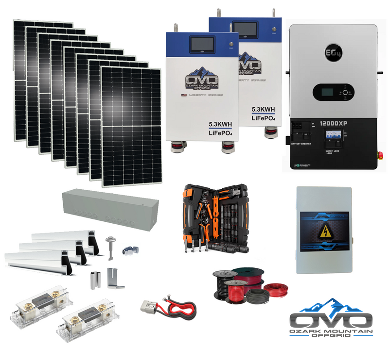 Load image into Gallery viewer, 4.4KW Complete Offgrid Solar Kit + 12K EG4 12000XP Inverter + 2x 5.3KW OMO 48V Liberty Lithium Battery + 4.4KW Solar with Roof Mounting Rails and Wiring