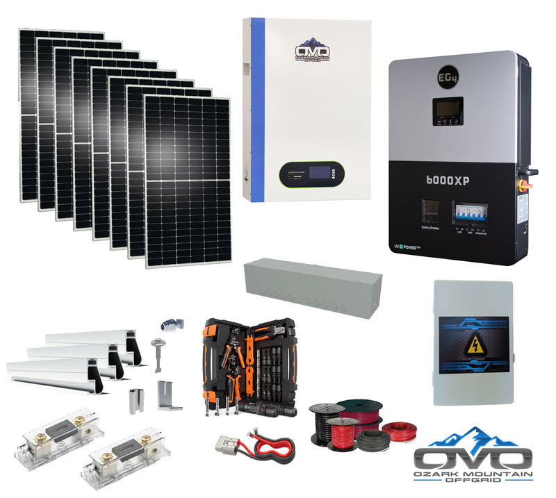 Load image into Gallery viewer, 4.4KW Complete Offgrid Solar Kit + 6K EG4 6000XP Inverter + 5.12KW OMO 48V Patriot Lithium Battery + 4.4KW Solar with Roof Mounting Rails and Wiring