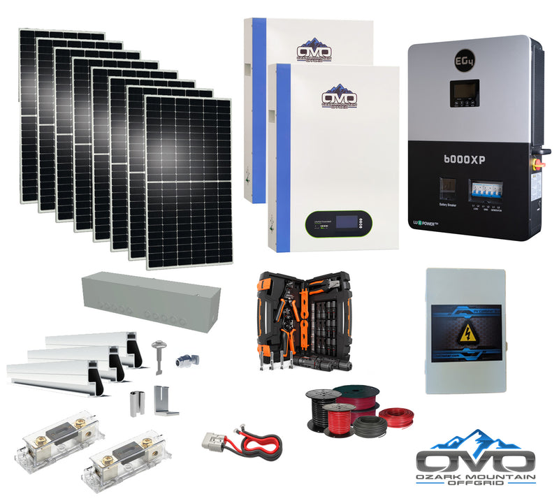 Load image into Gallery viewer, 4.4KW Complete Offgrid Solar Kit + 6K EG4 6000XP Inverter + 2x 5.12KW OMO 48V Patriot Lithium Battery + 4.4KW Solar with Roof Mounting Rails and Wiring