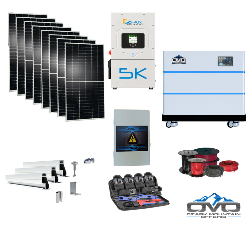 Load image into Gallery viewer, 4.4KW Complete Offgrid Solar Kit + 5K Sol-Ark Inverter + 10.24KW OMO Stack Lithium Battery +2.2KW Solar with Mounting Rails and Wiring