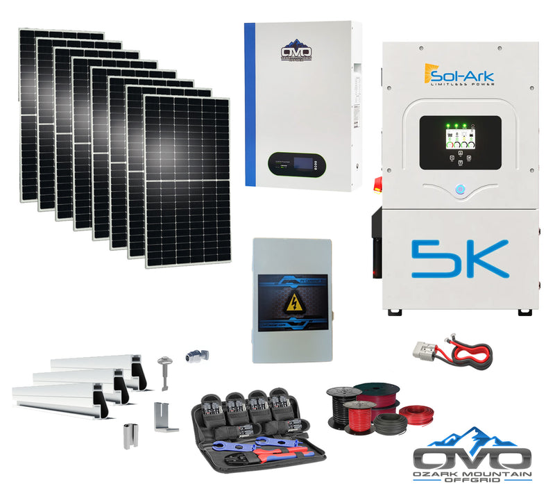 Load image into Gallery viewer, 4.4KW Complete Offgrid Solar Kit + 5K Sol-Ark Inverter + 5.12KW OMO 48V Patriot Lithium Battery + 4.4KW Solar with Roof Mounting Rails and Wiring