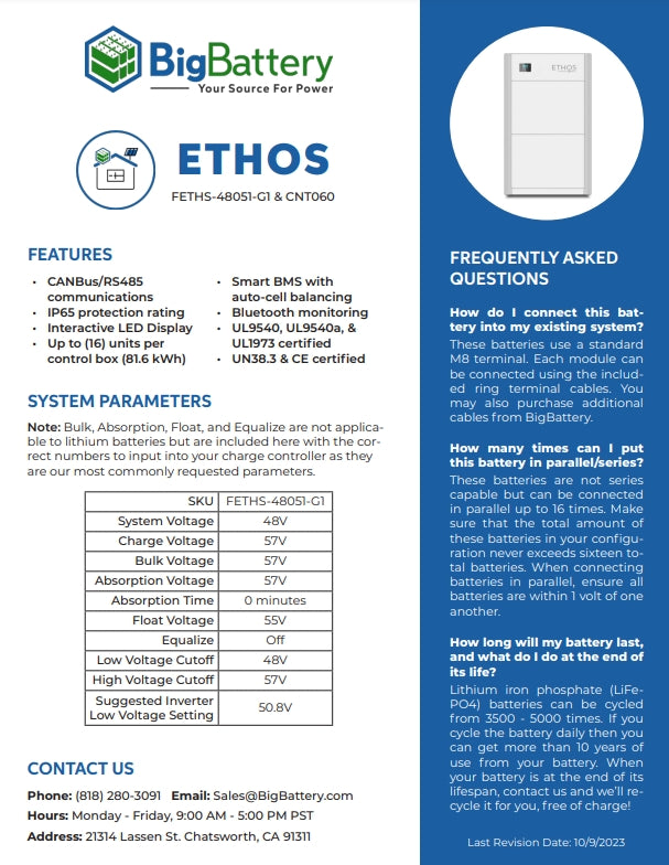 Load image into Gallery viewer, 48V BigBattery ETHOS LifePO4 Stackable IP65 Lithium Battery - 200Ah - 10.2kWh