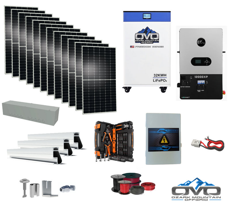 Load image into Gallery viewer, 6KW Complete Offgrid Solar Kit + EG4 12K Inverter + 32KW OMO 48V Freedom Series Lithium Battery + 6.6KW Solar with Roof Mounting Rails and Wiring