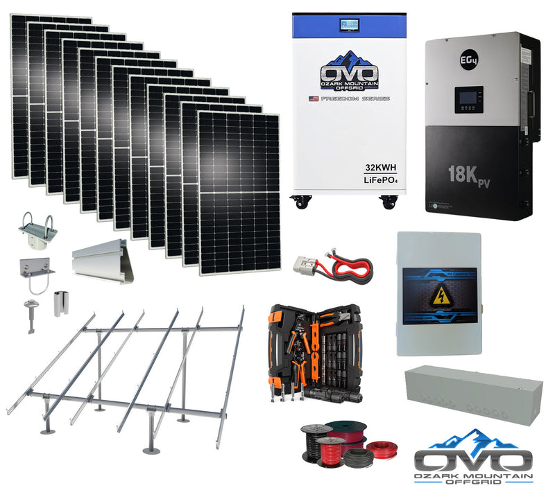 Load image into Gallery viewer, 6KW Complete Offgrid Solar Kit + EG4 18kPV Inverter + 32KW OMO 48V Freedom Series Lithium Battery + 6.6KW Solar with Ground Mount and Wiring
