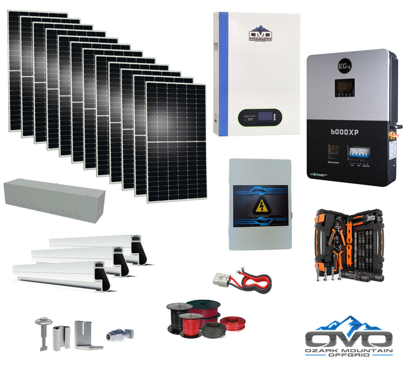 Load image into Gallery viewer, 6KW Complete Offgrid Solar Kit + 6K EG4 6000XP Inverter + 5.12KW OMO 48V Patriot Lithium Battery + 6.6KW Solar with Roof Mounting Rails and Wiring