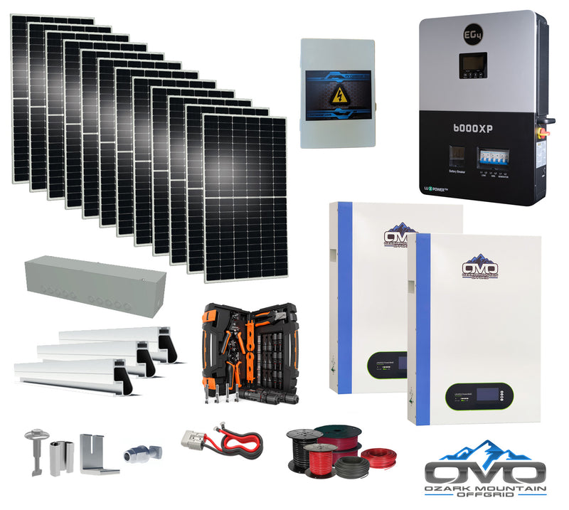 Load image into Gallery viewer, 6KW Complete Offgrid Solar Kit + 6K EG4 6000XP Inverter + 2x 5.12KW OMO 48V Patriot Lithium Battery + 6.6KW Solar with Roof Mounting Rails and Wiring