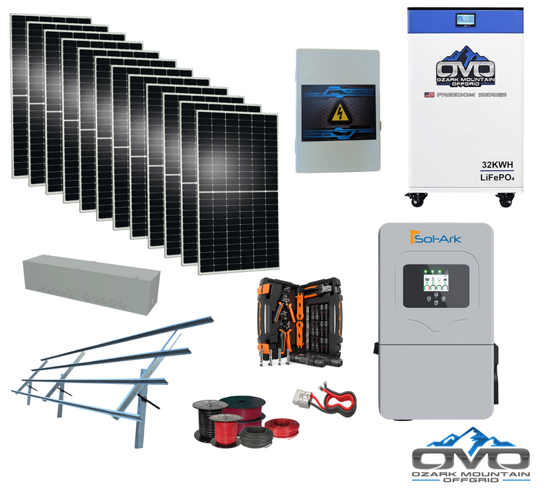 Load image into Gallery viewer, 6KW Complete Offgrid Solar Kit - 32kWh OMO 48V Freedom Series Lithium Battery + 12K Sol-Ark Inverter +6.6KW Solar with Sinclair Ground Mount Rails and Wiring
