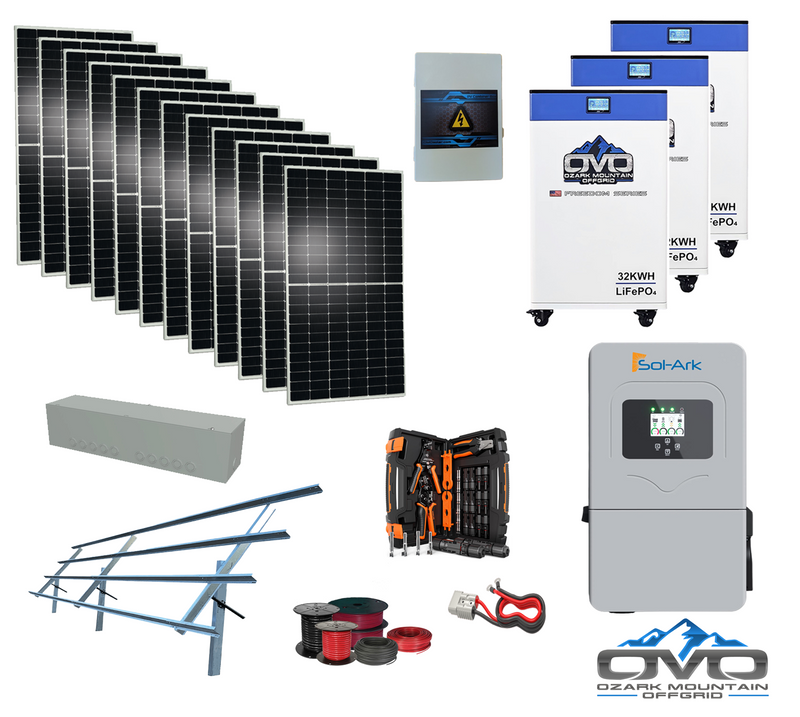 Load image into Gallery viewer, 6KW Complete Offgrid Solar Kit - 3x 32kWh OMO 48V Freedom Series Lithium Battery + 12K Sol-Ark Inverter +6.6KW Solar with Sinclair Ground Mount Rails and Wiring