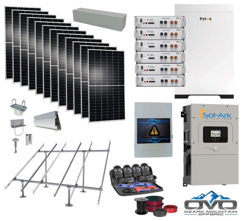Load image into Gallery viewer, 6KW Complete Offgrid Solar Kit - 30.72kWh Pytes Lithium Battery + 15K Sol Ark Inverter +6.6KW Solar with Ground Mount Rails and Wiring