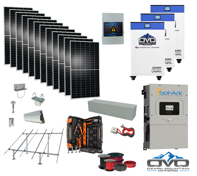 Load image into Gallery viewer, 6KW Complete Offgrid Solar Kit - 3x 32kWh OMO 48V Freedom Series Lithium Battery + 15K Sol-Ark Inverter +6.6KW Solar with Ground Mount and Wiring