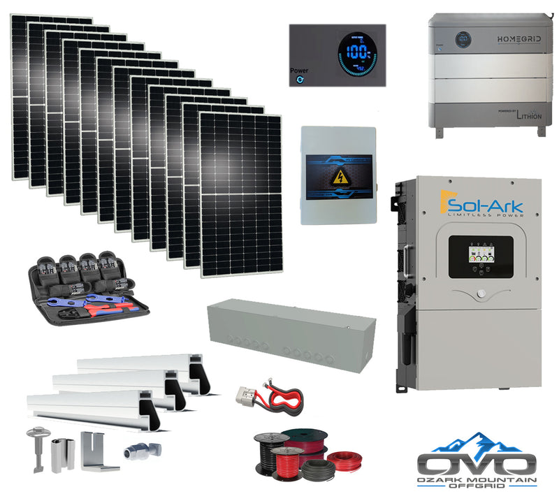 Load image into Gallery viewer, 6KW Complete Offgrid Solar Kit - 9.6kWh Lithium Battery + 15K Sol Ark Inverter +6.6KW Solar with Mounting Rails and Wiring