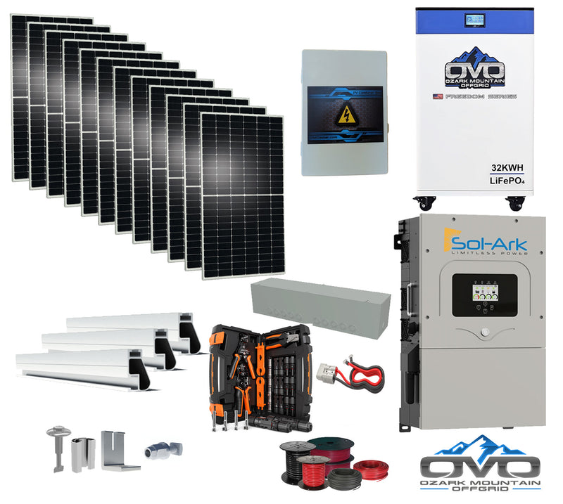 Load image into Gallery viewer, 6KW Complete Offgrid Solar Kit - 32kWh OMO 48V Freedom Series Lithium Battery + 15K Sol-Ark Inverter +6.6KW Solar with Mounting Rails and Wiring