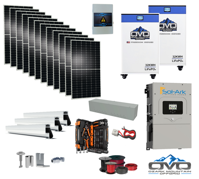 Load image into Gallery viewer, 6KW Complete Offgrid Solar Kit - 2x 32kWh OMO 48V Freedom Series Lithium Battery + 15K Sol-Ark Inverter +6.6KW Solar with Roof Mount and Wiring