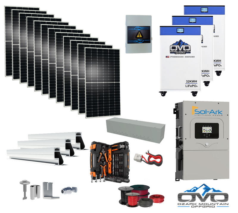 Load image into Gallery viewer, 6KW Complete Offgrid Solar Kit - 3x 32kWh OMO 48V Freedom Series Lithium Battery + 15K Sol-Ark Inverter +6.6KW Solar with Roof Mount and Wiring
