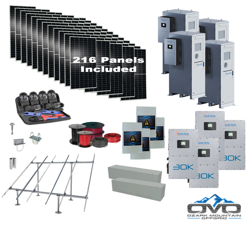 Load image into Gallery viewer, Commercial 120KW Solar Array - 3 Phase 208V Solar Kit + 4x 30K 208V Sol-Ark Inverter + 4x 60KW Sol-Ark OUTDOOR Lithium Battery +118.8KW Solar with Ground Mount and Wiring