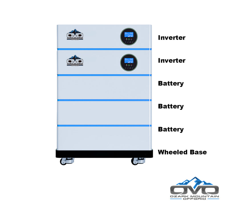 Load image into Gallery viewer, 8KW OMO All-In-One Customizable Stacking Inverter/Battery System 120/240 11000W Total Inverter Output + 15.36K Lithium Battery + 8.8KW Solar Roof Mount