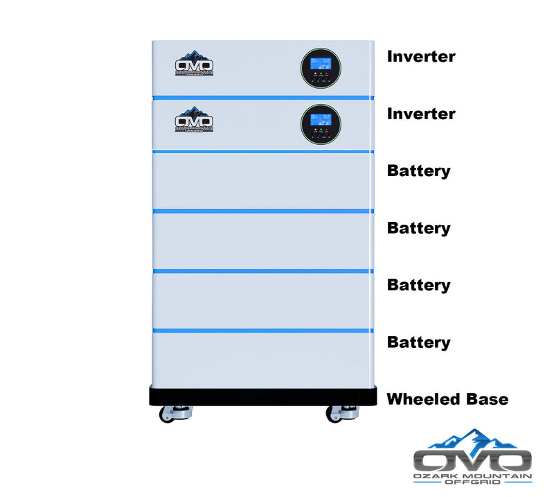 Load image into Gallery viewer, 4.4KW OMO All-In-One Customizable Stacking Inverter/Battery System 120/240 11000W Total Inverter Output + 20.48K Lithium Battery + 4.4KW Solar Roof Mount