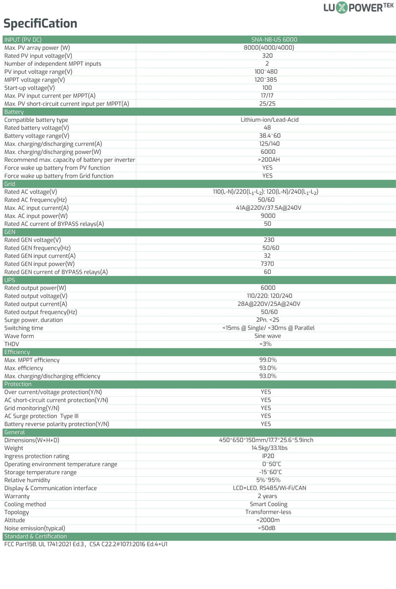 Load image into Gallery viewer, 6K LuxPower 6000W 120/240V Pure Sine Inverter - SNA-NB-US 6000