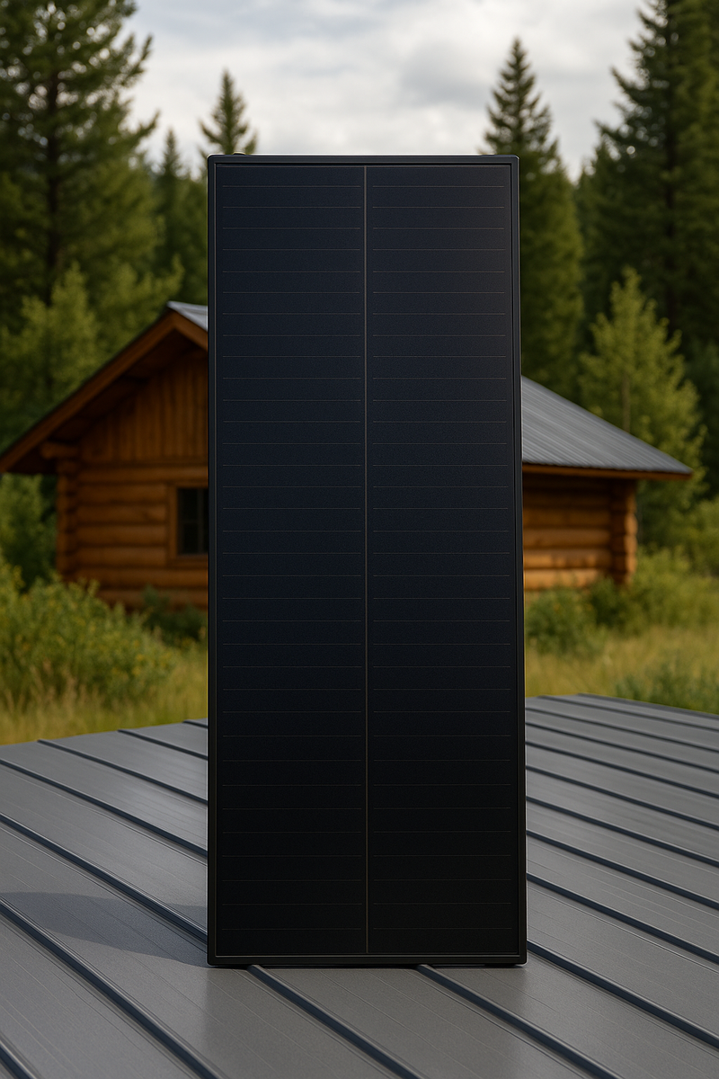 Load image into Gallery viewer, Thin film solar panel mounted on a cabin roof surrounded by forest trees