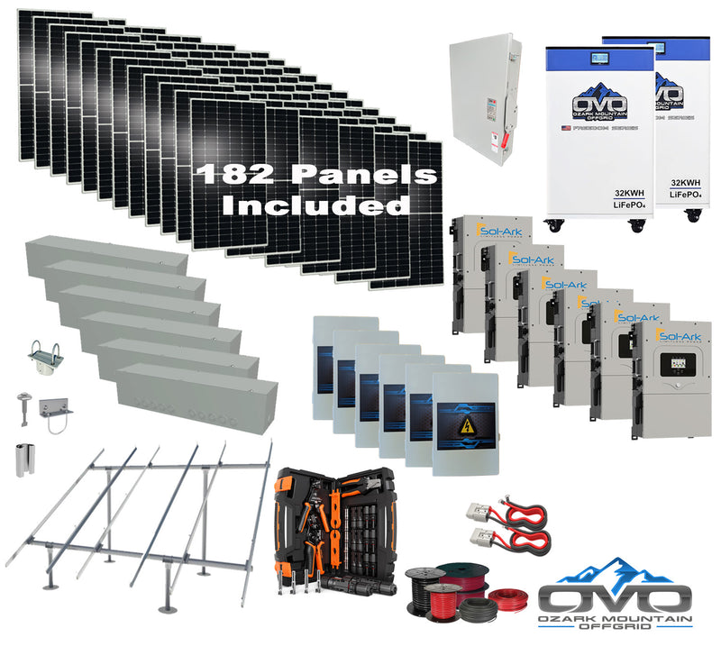Load image into Gallery viewer, 100KW Complete Offgrid Solar Kit + 6x 15K Sol-Ark Inverter + 2x 32kWh OMO 48V Freedom Series Lithium Battery +100.2KW Solar with Ground Mount and Wiring