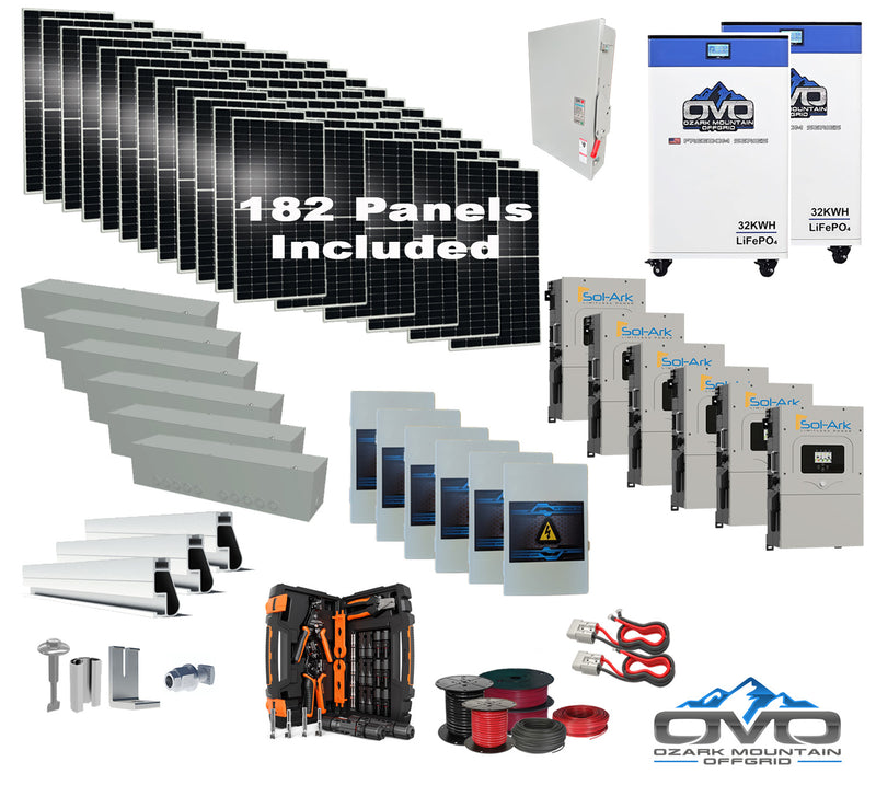 Load image into Gallery viewer, 100KW Complete Offgrid Solar Kit + 6x 15K Sol-Ark Inverter + 2x 32kWh OMO 48V Freedom Series Lithium Battery +100.2KW Solar with Roof Mount and Wiring