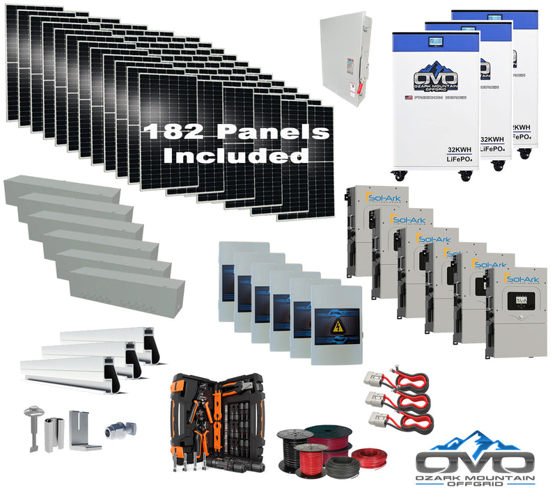 Load image into Gallery viewer, 100KW Complete Offgrid Solar Kit + 6x 15K Sol-Ark Inverter + 3x 32kWh OMO 48V Freedom Series Lithium Battery +100.2KW Solar with Roof Mount and Wiring