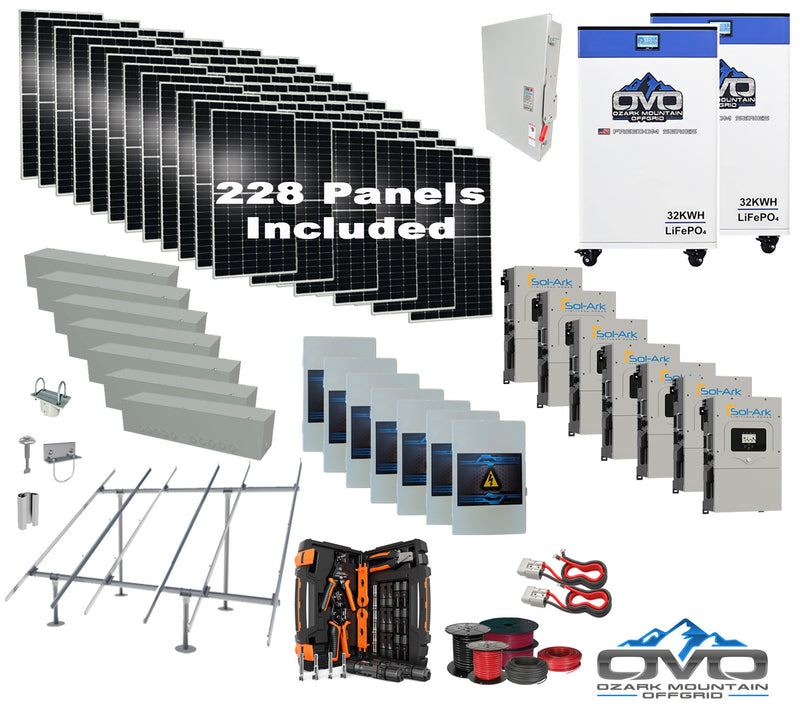 Load image into Gallery viewer, 125KW Complete Offgrid Solar Kit + 7x 15K Sol-Ark Inverter + 2x 32kWh OMO 48V Freedom Series Lithium Battery +125.4KW Solar with Ground Mount and Wiring