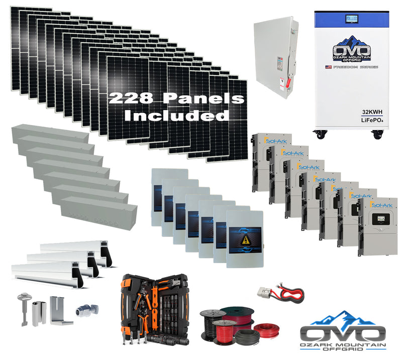 Load image into Gallery viewer, 125KW Complete Offgrid Solar Kit + 7x 15K Sol-Ark Inverter + 32kWh OMO 48V Freedom Series Lithium Battery +125.4KW Solar with Roof Mount and Wiring